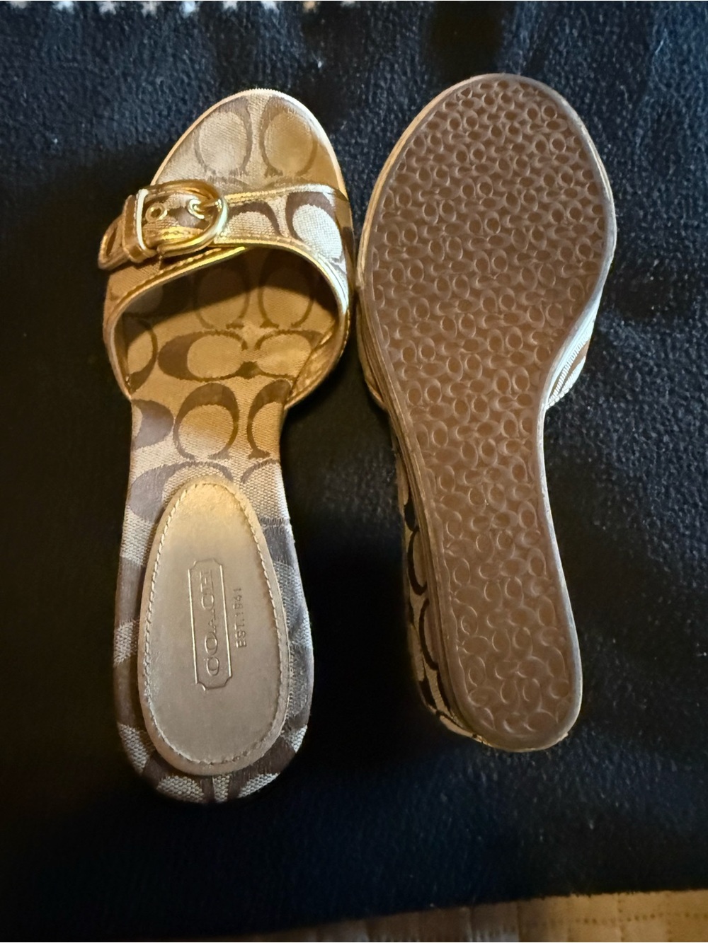 Coach Signature Jacquard Slide Sandals in Brown with Gold Buckles - Picture 4 of 4